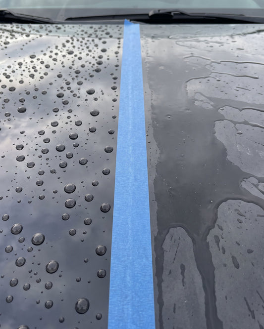 Same wet car hood: left half treated with GlideCoat with tight water beads, right half untreated