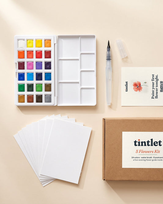 Tintlet 5 Flowers Kit: 24-color foldable palette, water brush, 8 watercolor postcards, QR guide card and kraft box