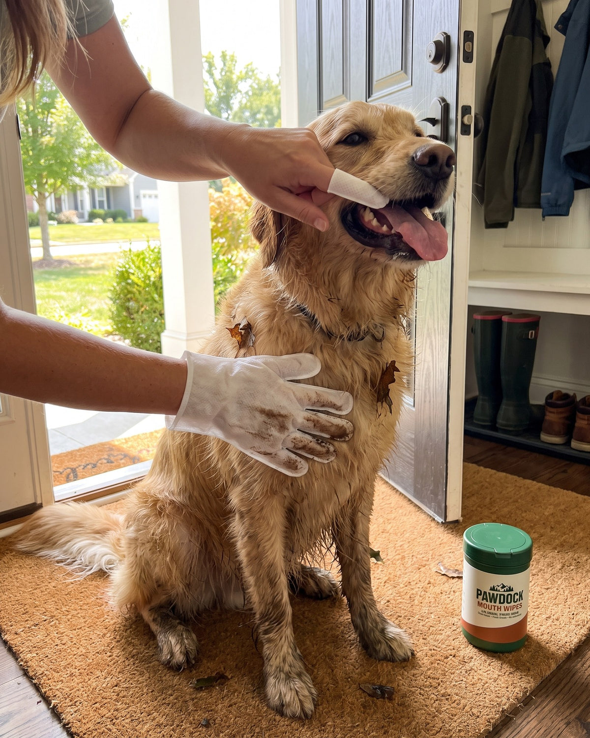 The 2-minute after-walk clean-up: glove on the coat, finger wipe on the teeth