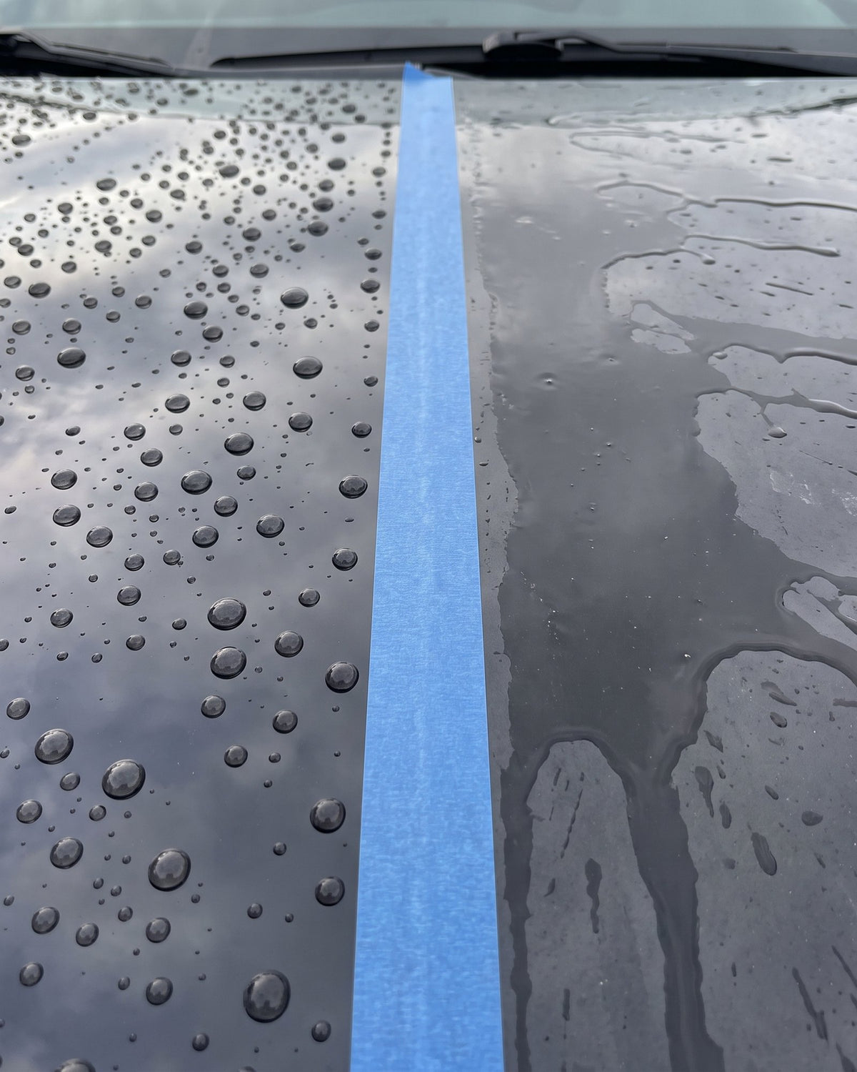 Same wet car hood: left half treated with GlideCoat with tight water beads, right half untreated